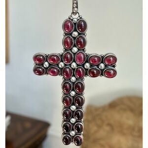 VTG Pendant Necklace 30 Inch Statement Christian Cross Garnet 925 Sterling 79.5g